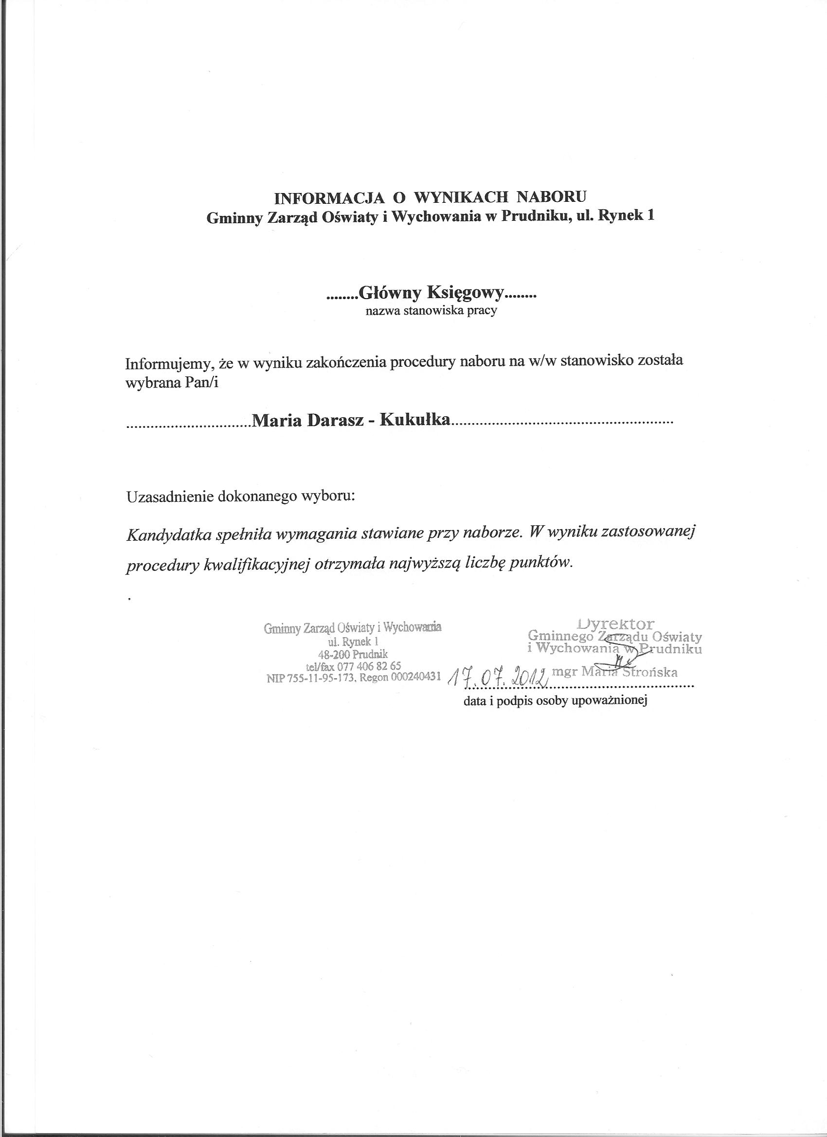 Ogłoszenie o wyniku naboru Ogłoszenie o wyniku naboru